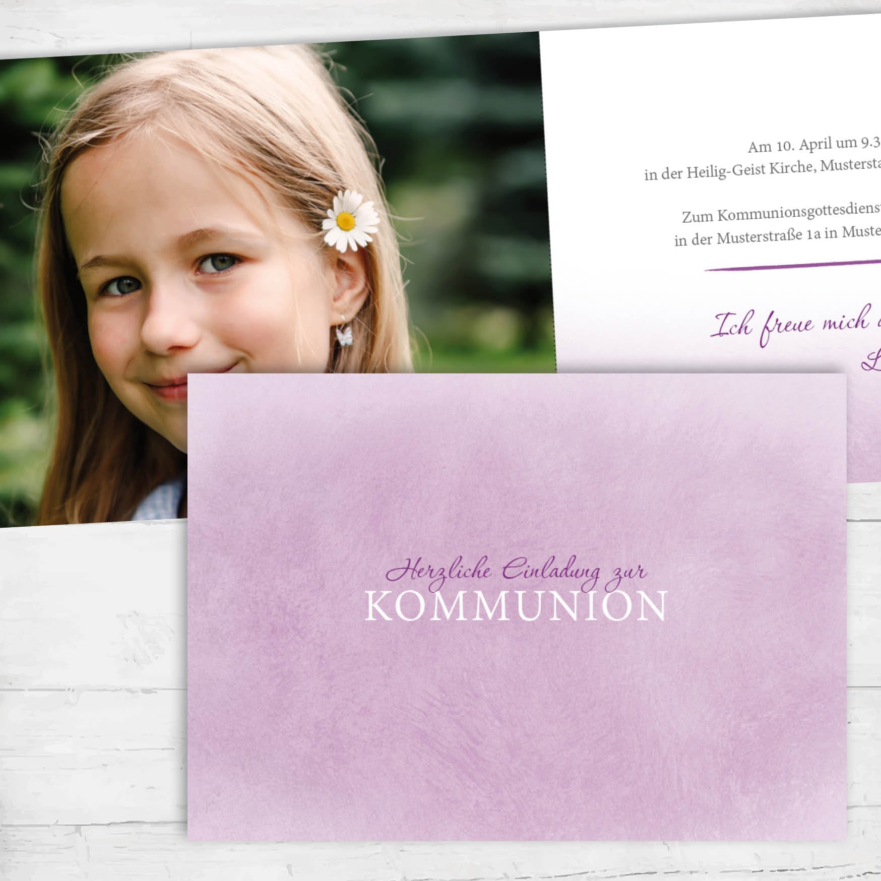 Einladung zur Kommunion: Schraffur rosa Individuelle Einladung